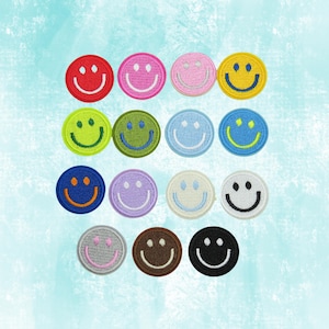 May include: A collection of colorful smiley face patches. Each patch features a smiling face design with a white stitched mouth and eyes, set against a vibrant background of red, pink, yellow, green, blue, and other colors. These patches are perfect for adding a touch of fun to clothing or accessories.