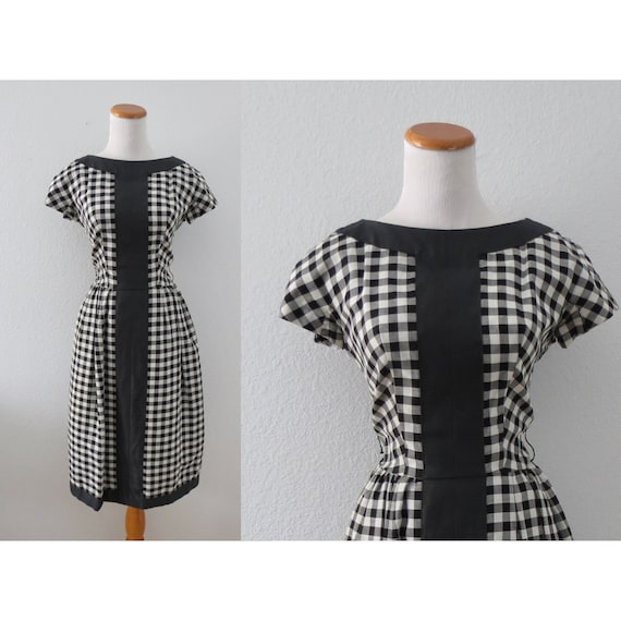 50s Gingham Dress 1950s Black and White Dress