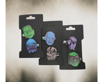 Classic Horror Monster Hair Clips - Vintage Dracula Frankenstein Barrettes - Halloween Accessory