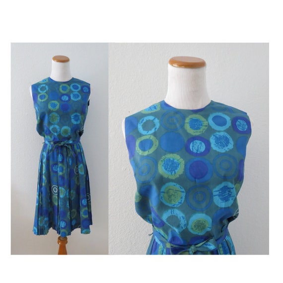 50s Day Dress Blue Abstract Print 1950s Dresses