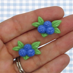 K&ouml;nnte beinhalten: Ein Paar blaue und gr&uuml;ne Blaubeer-Ohrringe. Jeder Ohrring zeigt drei blaue Blaubeeren mit gr&uuml;nen Bl&auml;ttern.