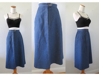 Vintage Denim Midi Skirt - High Waisted Jean Skirt with Pockets - Size Large - 31" Waist