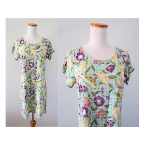Vintage 90s Fruit Print Dress - 1990s Summer Fruits & Gingham Rayon Sundress - Size Medium