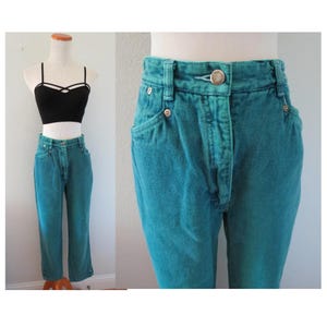 Vintage Green Denim Jeans - 80s Mom Jeans - Dyed Teal High Waisted Tapered Leg Pants - Size Small 26&quot; Waist
