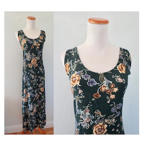 Vintage 90s Maxi Dress - Express Green Floral Print Sleeveless Rayon Sundress - Size Large