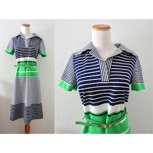 Vintage 60s Striped Shift Dress Mod Midi Shirtdress Belted - Size Large