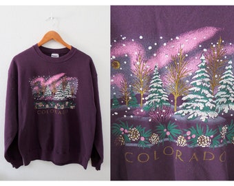Vintage Colorado Sweatshirt - Puff Print Pullover Sweater - Winter Snow Scene - Size Large