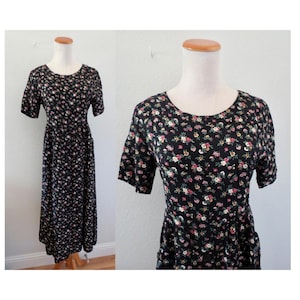 Vintage 90s Floral Midi Dress - 1990s Flower Print Rayon Short Sleeve Dress - Autumn Fall - Size Small / Medium