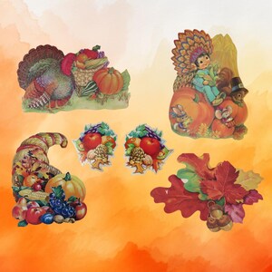 Vintage Thanksgiving Die Cuts - Set of 6 - Turkey Cornucopia Fall Leaves Etc - Eureka and Amscan Decorations