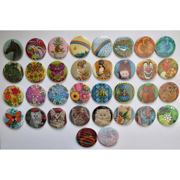 Vintage Pinback Buttons -  Misc. Novelty Pins - You Choose - Handmade Retro Style Button Badge