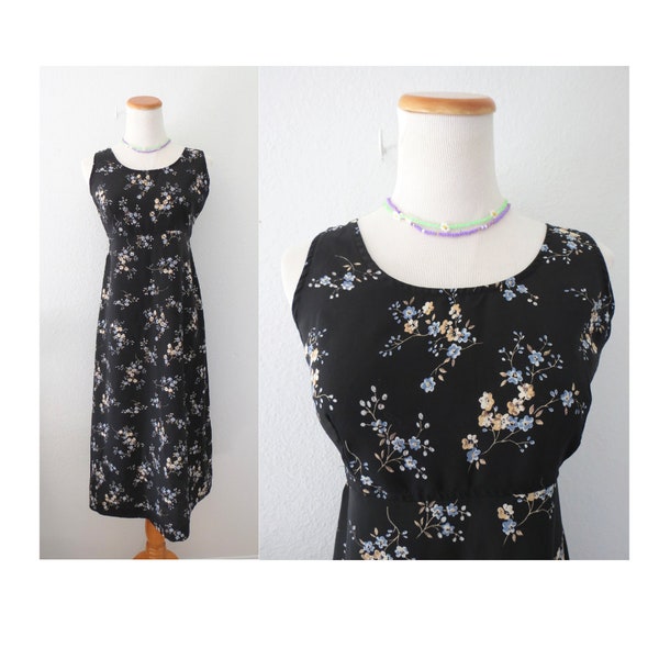 Vintage 90s Floral Dress Black Sleeveless Empire Waist Midi Dress - Size Small