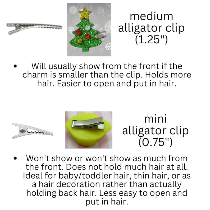 K&ouml;nnte beinhalten: Zwei silberne Alligator-Haarklammern, eine mit einer L&auml;nge von 1,25 Zoll und die andere mit einer L&auml;nge von 0,75 Zoll. Die gr&ouml;&szlig;ere Klammer ist mit einem gr&uuml;nen Glitzer-Weihnachtsbaum-Anh&auml;nger versehen. Die kleinere Klammer ist mit einem gelben Zitronen-Anh&auml;nger versehen.