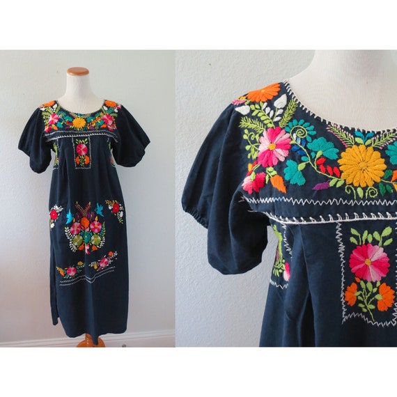 Mexican Embroidered Dress Blue Oaxacan Sundress