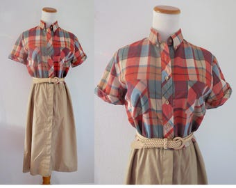Vintage Plaid Dress - 80s Casual Blouson Shirtdress - Size Large
