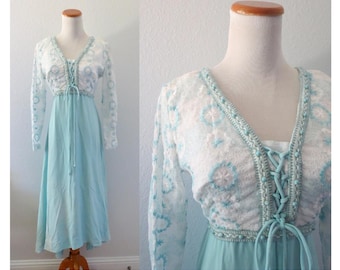Vintage 70s Dress - Hippie Prairie Lace Maxi - Size Medium