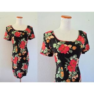 Vintage Black Floral Print Dress - Women&#39;s 90s Flower Print Summer Fitted Sundress - Size Small