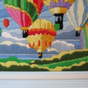 Vintage Hot Air Balloon Crewel Picture Framed Wall Hanging Colorful Rainbow Art 80s Home Decor image 4