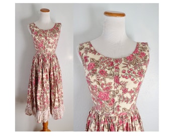 Vintage 50s Floral Sundress - 1950s Cotton Summer Day Dress - Size XXS