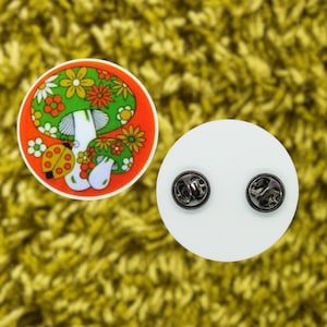 Mushroom Pin - Groovy Merry Mushrooms Pinback Brooch