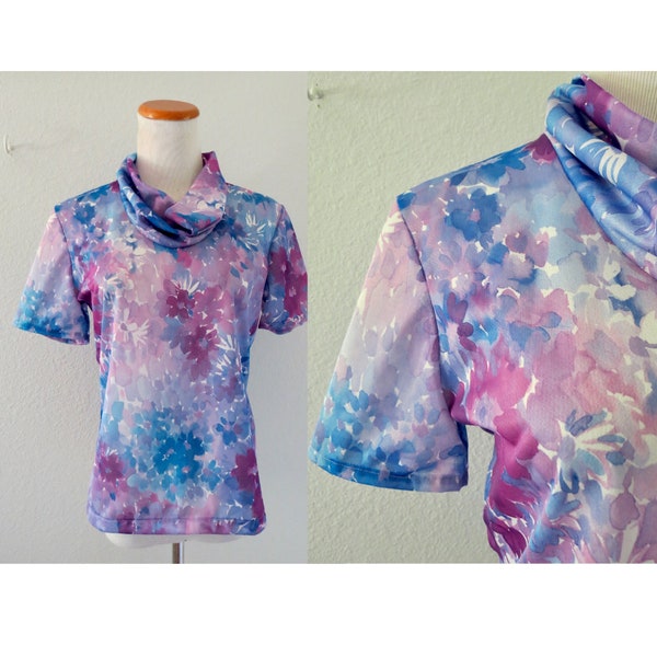 Vintage Floral Cowl Neck Blouse Sheer Watercolor Flower Print Top Boho 70s - Size Small Medium