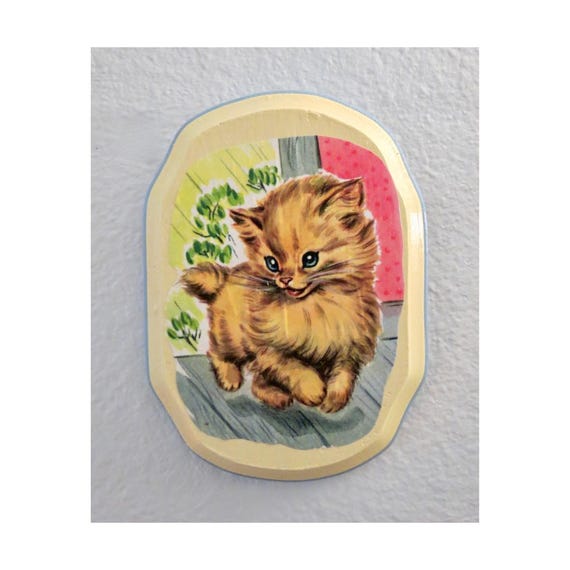 Vintage Inspired Cat Wall Hanging - Retro Kitten Artwork Wood Plaque Decor Decoupage Art