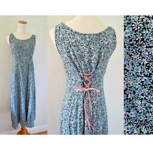Vintage 90s Floral Midi Dress - Blue Flower Print Sleeveless Summer Sundress - Lace Up Back - All That Jazz - Size Small / Medium