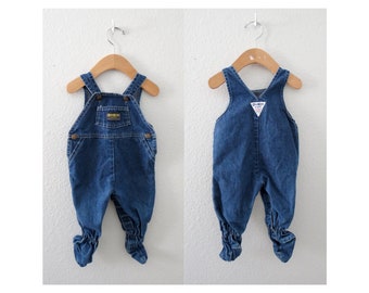 Vintage Oshkosh Denim Overalls - Baby Jean Footie Romper - Size 6 - 9 Months