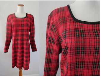 Vintage Plaid Dress - Women's Red Long Sleeve Flannel Mini - Size Large