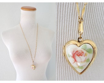 Vintage Heart Locket Necklace - Floral Ceramic Pendant Long Necklace - Costume Jewelry
