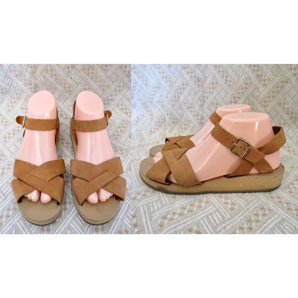 Vintage Strappy Sandals - Boho Hippie Leather Mini Wedges - Rapallo - Size 9