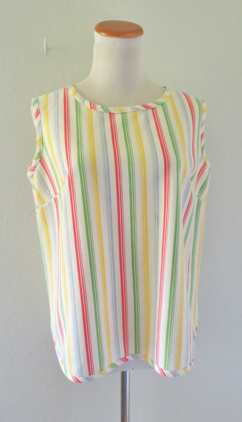 Vintage Rainbow Striped Tank Top 60s Sleeveless Blouse Size Large image 3