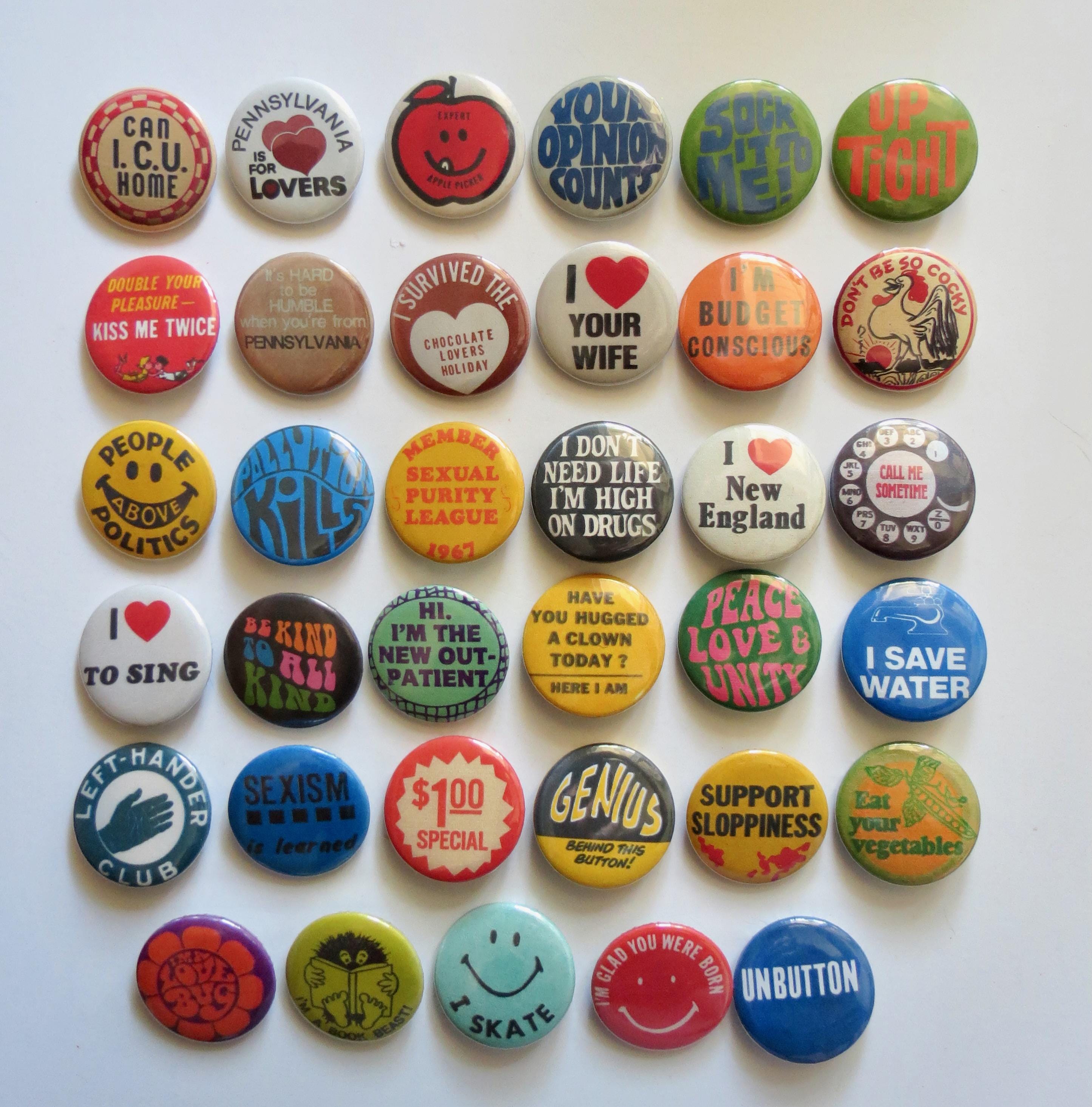 Vintage Style Pinback Buttons - 60s 70s 80s Misc. Novelty Pins