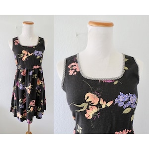 Vintage 90s Floral Mini Dress - Black Flower & Gingham Print Babydoll Sundress - Rayon 1990s Sleeveless Dress - Size XS Extra Small