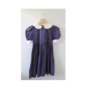Vintage Girl&#39;s Dress - Floral & Heart Print Short Sleeve Collared Puff Sleeve Dress - Size Small