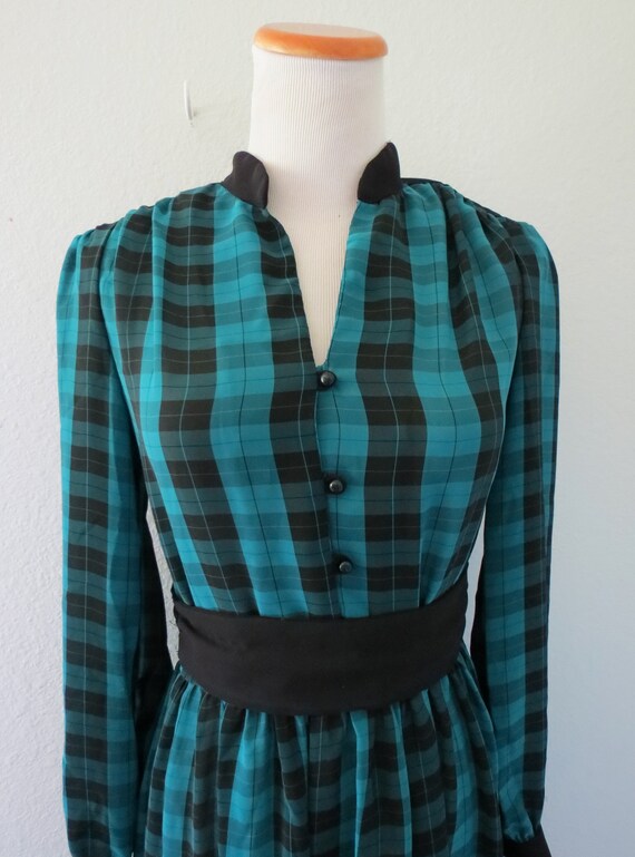 Plaid Secretary Dress Teal Black 80s Office Dark … - image 4