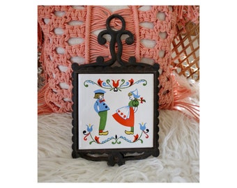 Vintage 60s Trivet - MCM Ceramic Tile & Cast Iron Wall Hanging - Made in Japan - Hot Plate - Dutch Kids