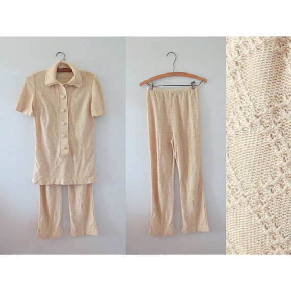 70s Crochet Pants Knit Bellbottoms Top Set