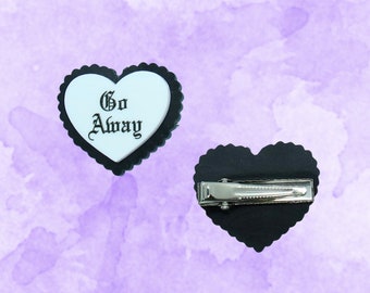 Go Away Hair Clip - Goth Heart Barrette - Acrylic Black & White Gothic Accessory