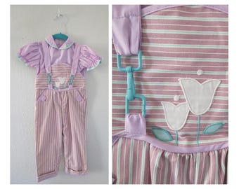 Vintage Girl's Overalls - Pastel Striped Toddler Romper - Size 24 Months