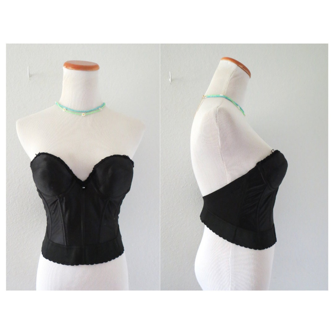 1980's black strapless long line bra with deep back, padded molded cup  bustier, basque bra, boned corset style waist cinching bodice, 34 C