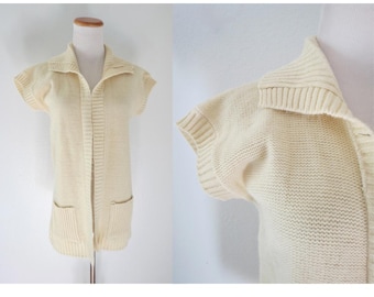 Vintage Cream Cardigan - Women's Knit Short Sleeve 70s Sweater - Size Small