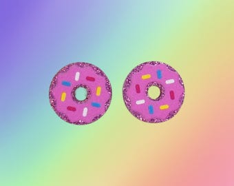 Donut Earrings - Pink Frosted Sprinkle Doughnut Studs