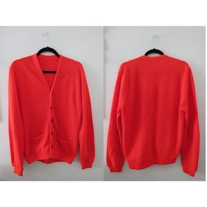 Vintage Men&#39;s Cardigan - Red Button Up V-neck Sweater - Acrylic Knit - Size Large