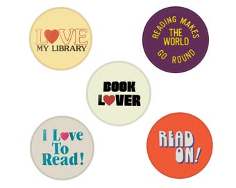 Reading Pinback Buttons Set - Book Lover Library Button Pins