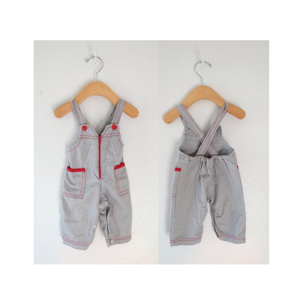 Vintage Baby Boy Overalls - Gray Romper with Pockets - Cute Spring Summer Outfit - Size 0 - 3 Months