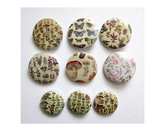 Vintage Nature Pinback Button - Retro Botanical Butterly Plant Mushroom Buttons - 1" Pin Badge