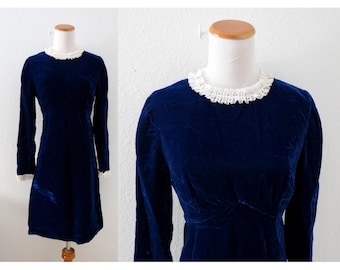 Vintage 60s Velvet Dress Dark Blue Long Sleeve Mod 1960s Holiday Cocktail Dress - Size Small