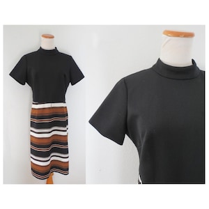 Vintage 60s Mod Dress - Short Sleeve 1960s Striped Print - Black White Brown - Size Large