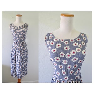 Vintage 90s Floral Midi Dress - 1990s Rayon Sleeveless Summer Dress - Gingham & Flower Print - Size Medium