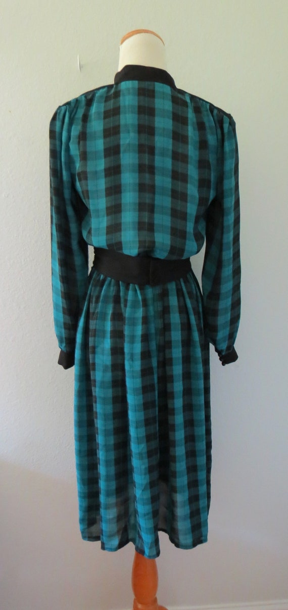 Plaid Secretary Dress Teal Black 80s Office Dark … - image 7